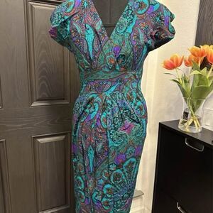 VTG VIP Surplice empire waist secretary fit n flare dress paisley print sz 6